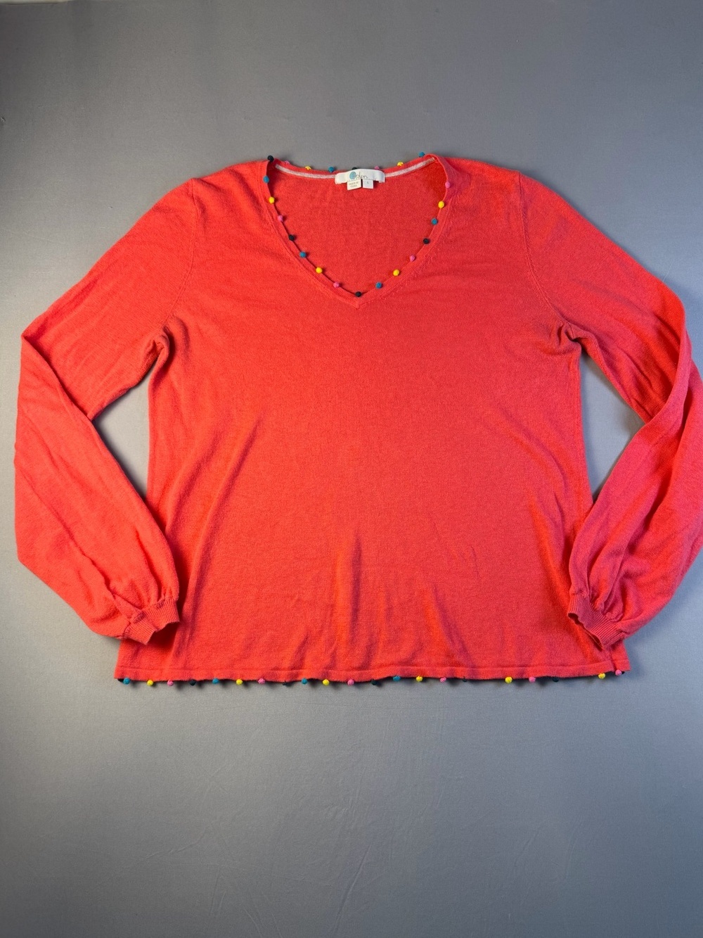 Boden Pink V-Neck Pom Pom Trim Sweater Size Small - Picture 1 of 7